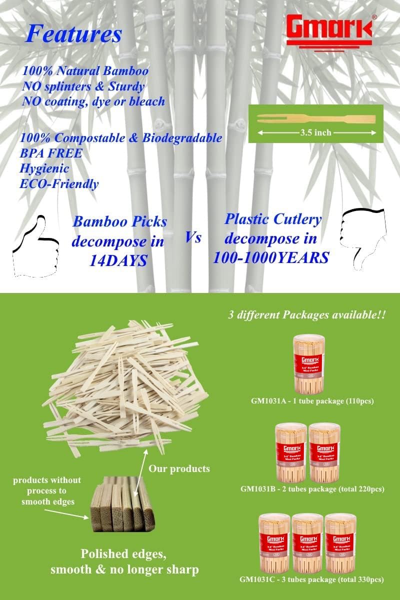 Gmark Bamboo Double Prongs Mini Forks 3.5 Inch 220pc, Food Picks/Bamboo Fruit Picks/Cocktail Forks/Party Forks/Buffet/Two Prongs Cocktail Picks for Appetizer, Cocktail, Pastry, Dessert. GM1031B - Image 2